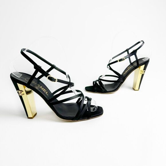 CHANEL Black Gold Heels Size 39 US 8.5 Interlocking CC Logo Slingback Sandal - Picture 8 of 13